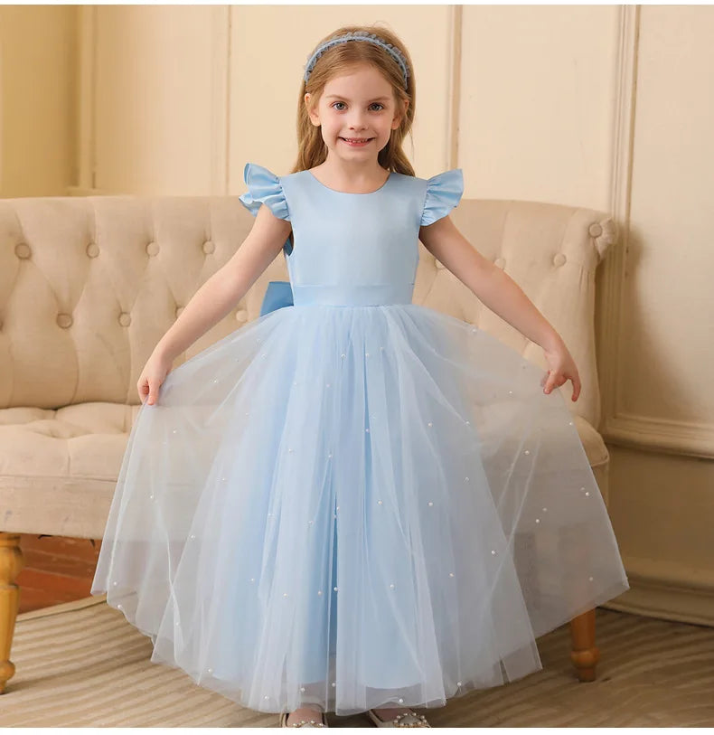 Summer Girl Flower Birthday Tulle Dress Backless Bow Wedding Gown Piano Kids Party Wear Princess Dress Baby Girl Bowknot Dresses