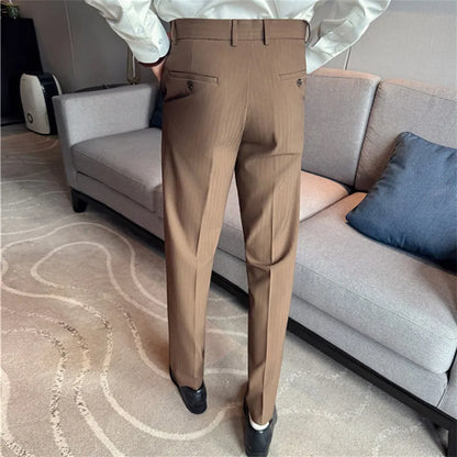 Autumn Winter Elastic Waist Suit Pants Men High Quality Youthful Vitality Smart Casual Suit Trousers Mens Solid Striped Pants