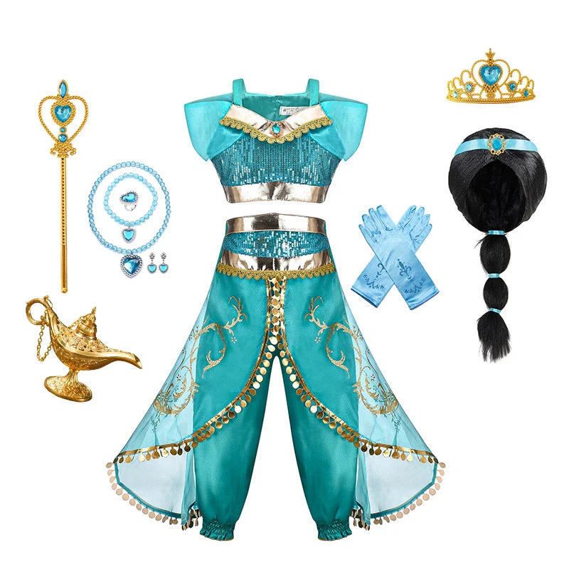 Jasmine Princess Dress for Kids Girls Cosplay Aladdin Magic Lamp Costume Halloween Kids Birthday Carnival Ball Vestidos Outfits
