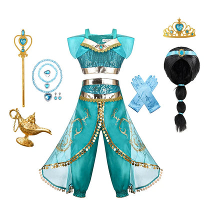 Jasmine Princess Dress for Kids Girls Cosplay Aladdin Magic Lamp Costume Halloween Kids Birthday Carnival Ball Vestidos Outfits