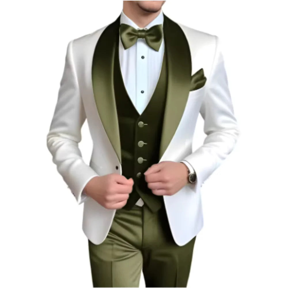 Solid Color Slim Fit Men's Tuxedo 3-Piece Set Fashion Business Wedding Suit with Shawl Lapel Blazer Vest Pants for Groom Party