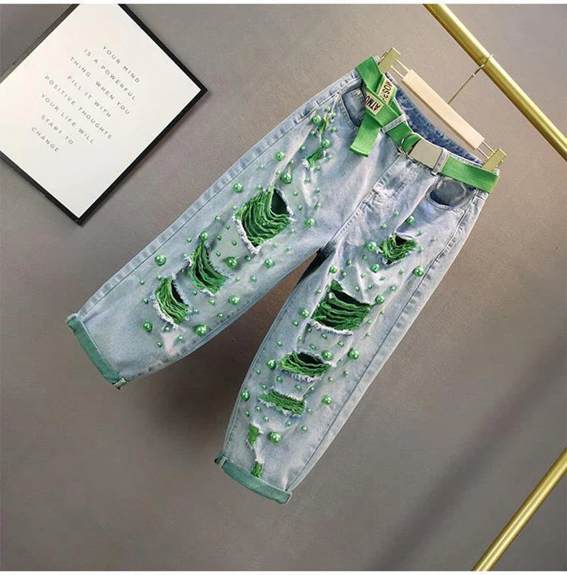 Denim Harem Pants Women Green Pearl High Waist Loose Oversized Jeans