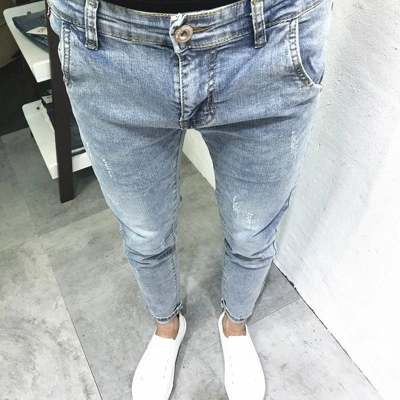 2024 Spring and Autumn New Fashion Trend Solid Color Elastic Small Legs Men's Casual Slim Comfortable High Quality Denim Pants