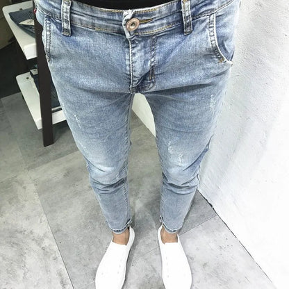 2024 Spring and Autumn New Fashion Trend Solid Color Elastic Small Legs Men's Casual Slim Comfortable High Quality Denim Pants