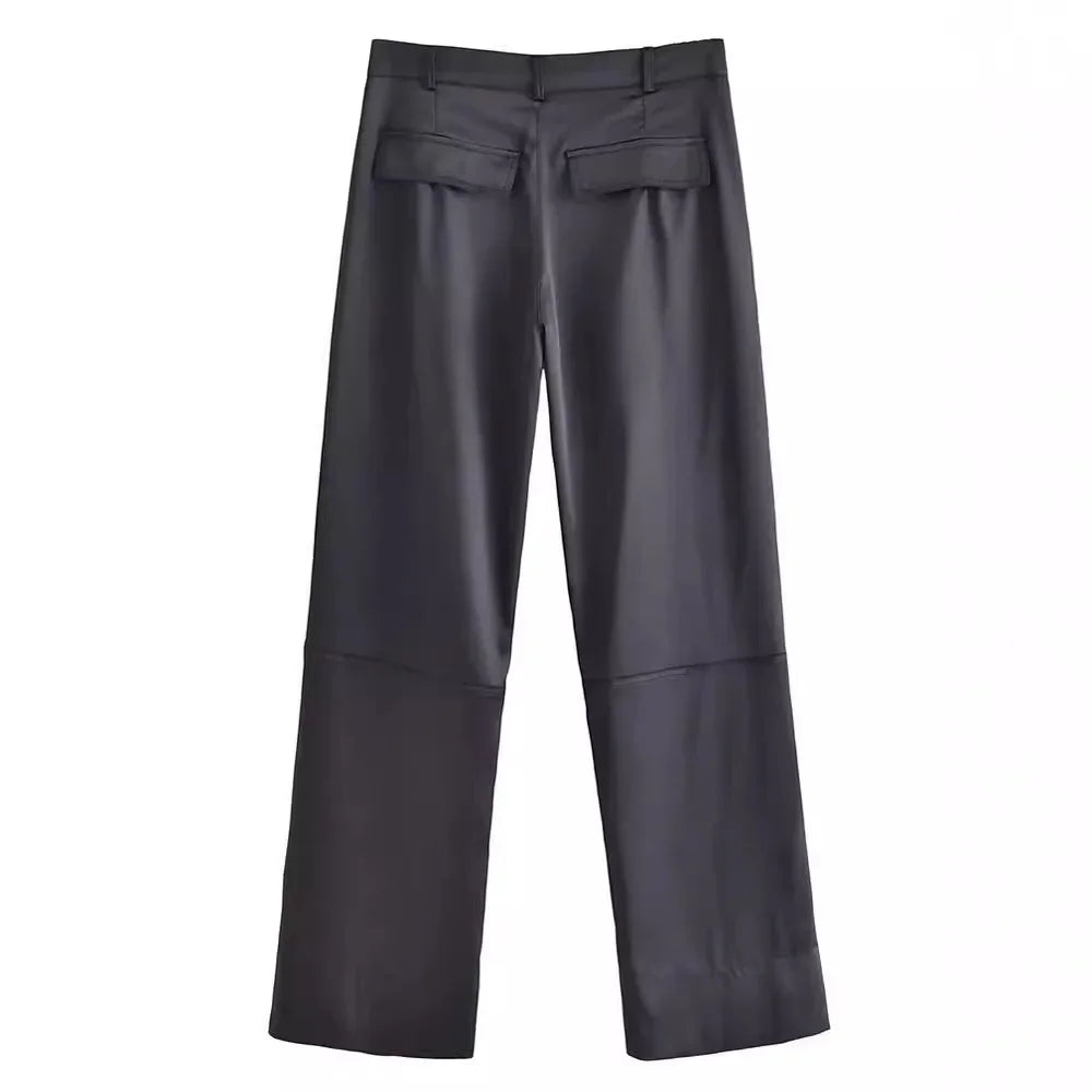 Women Fashion with Pockets Versatile High-waist Slim Multi-pocket Silk Satin Texture Straight Overalls