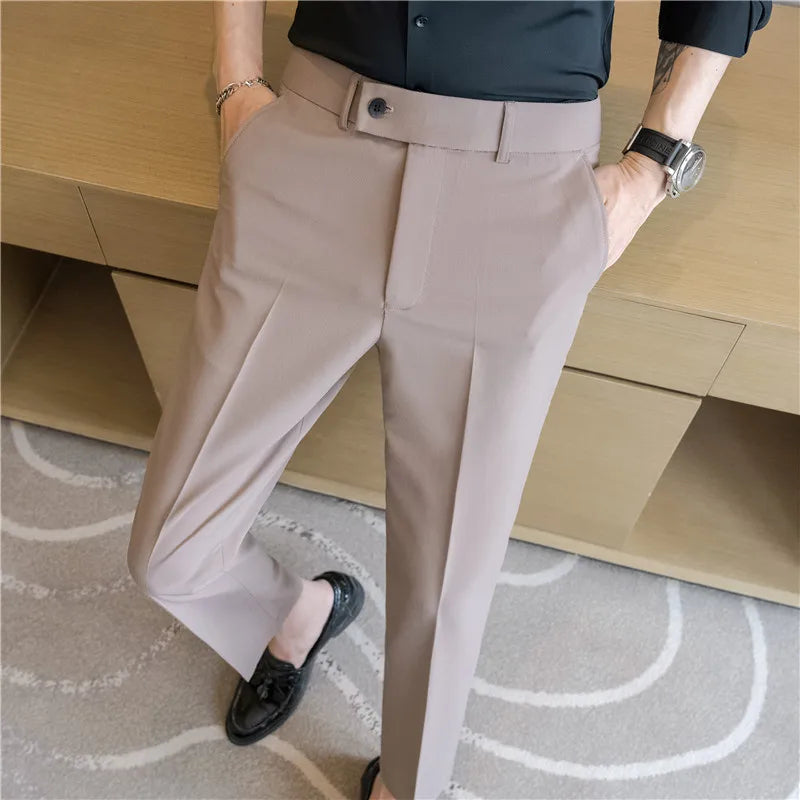 Stretch Solid Color Men's Trousers, Suitable for Business Casual, Parties, Formal Events, and Ankle-length Slim Pants.28-40