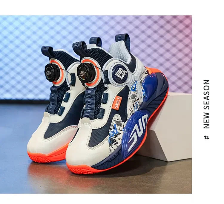 Leather Upper Children Basketball Shoes Rotatory Button Shock Absorbing Boys Shoes