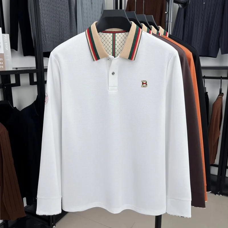 Luxury advanced  brand men long sleeve polo shirt unique stripe color blocked lapel fashion letter embroidery casual new T-shirt