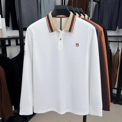 Luxury advanced  brand men long sleeve polo shirt unique stripe color blocked lapel fashion letter embroidery casual new T-shirt