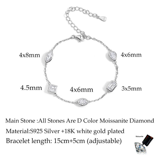 0.5CT Oval/Pear Cut Full Moissanite Bracelets 15+5cm S925 Silver Plated 18K Gold Wrist Chain for Women Fine Jewelry Gift