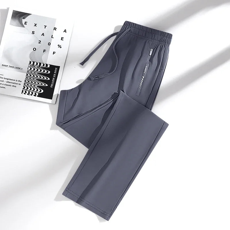 New High Quality Ice Silk Men's Women's Pants Summer Thin Loose Quick Drying Breathable Sports Straight Leg Tie Casual Pants