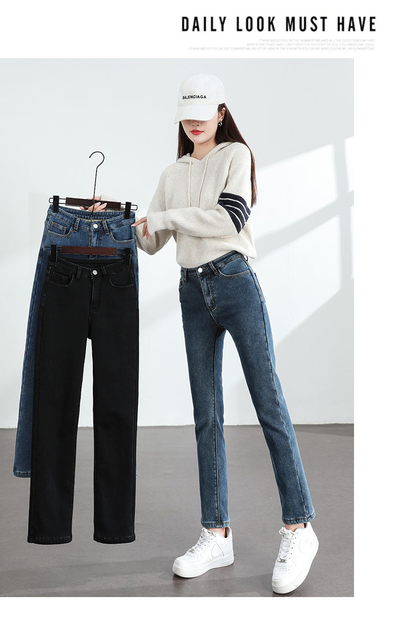 Calça Jeans Feminina Inverno Fleece Quente Reta Slim Elástica Algodão Grosso Quente Denim Moda Roupa Feminina