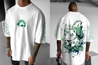 Japanese Anime Peripheral Bulbasaur Short Sleeve T-Shirt Summer Men's Fashion Breathable Sports Top