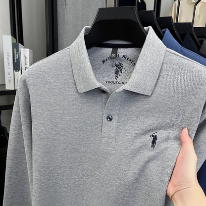 2025 New Cotton Long Sleeved T-shirt for Men, High End Embroidered Little Horse Logo Fashion Autumn/Winter Polo Top