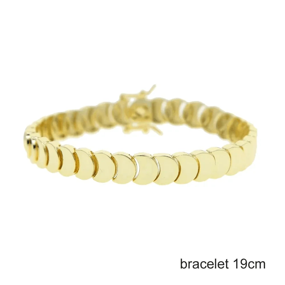 Gold Color Fashion Women Jewelry Set Geometric Shiny Plain Paved 5A CZ Moon Shaped Chain Choker Necklace Bracelet