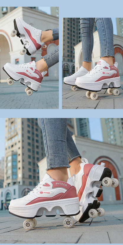 Deformation Shoes Roller Sneakers With 4 Wheels Skates Adult Kids Runaway Parkour Wheels Shoes For Women Men Youth Sport Shoes