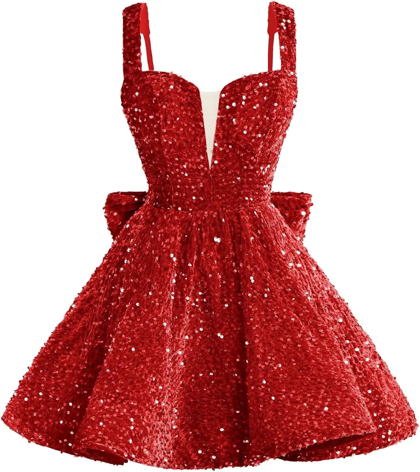 Sparkly Sequin Homecoming Dresses 2026 Short Spaghetti Straps V Neck Cocktail Party Gowns with Bow  Mini Dress Graduation Dress