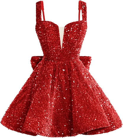 Sparkly Sequin Homecoming Dresses 2026 Short Spaghetti Straps V Neck Cocktail Party Gowns with Bow  Mini Dress Graduation Dress