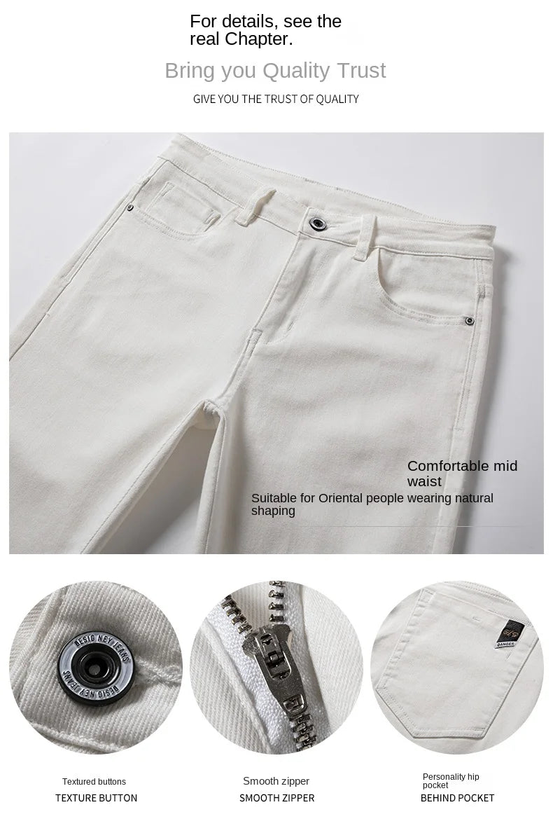 2025 Men White Jeans Fashion Casual Classic Style Regular Straight  Fit Soft Trousers Male  Advanced Stretch Pants