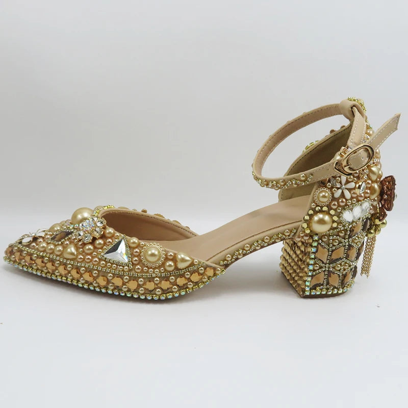 Luxury Champagne Golden Crystal wedding shoes matching bags woman fashion Thick heel Women party dress shoes Pointed Toe shoes