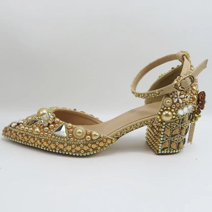 Luxury Champagne Golden Crystal wedding shoes matching bags woman fashion Thick heel Women party dress shoes Pointed Toe shoes
