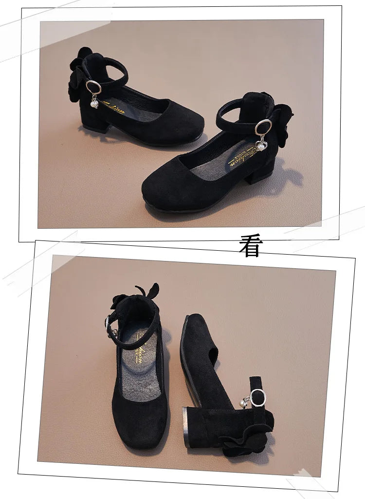 Little Girls Leather Shoes High Heel Baby Girls Party Shoes Bowknot Kid High Heel Shoes for 2023 Spring Princess Pink Shoes PU