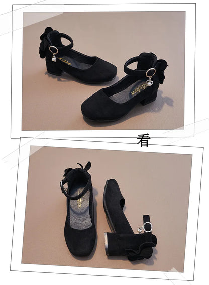 Little Girls Leather Shoes High Heel Baby Girls Party Shoes Bowknot Kid High Heel Shoes for 2023 Spring Princess Pink Shoes PU