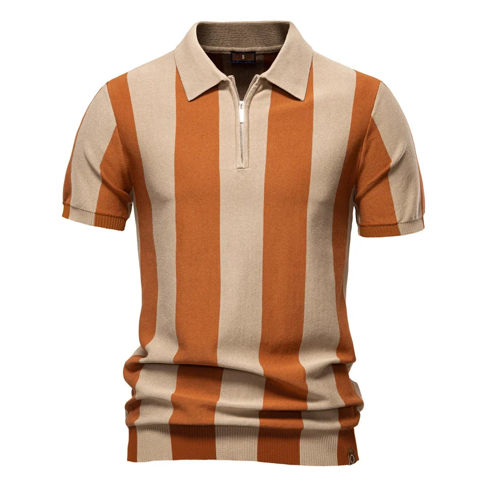 2025 New Summer Men's Breathable Striped Contrast Panel Polo Shirt - Casual Short Sleeve Knit Shirt with Comfort Fit