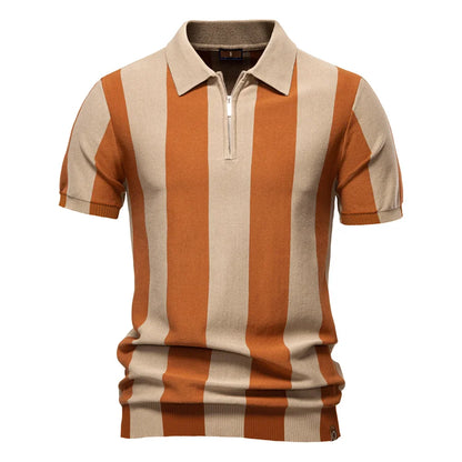 2025 New Summer Men's Breathable Striped Contrast Panel Polo Shirt - Casual Short Sleeve Knit Shirt with Comfort Fit