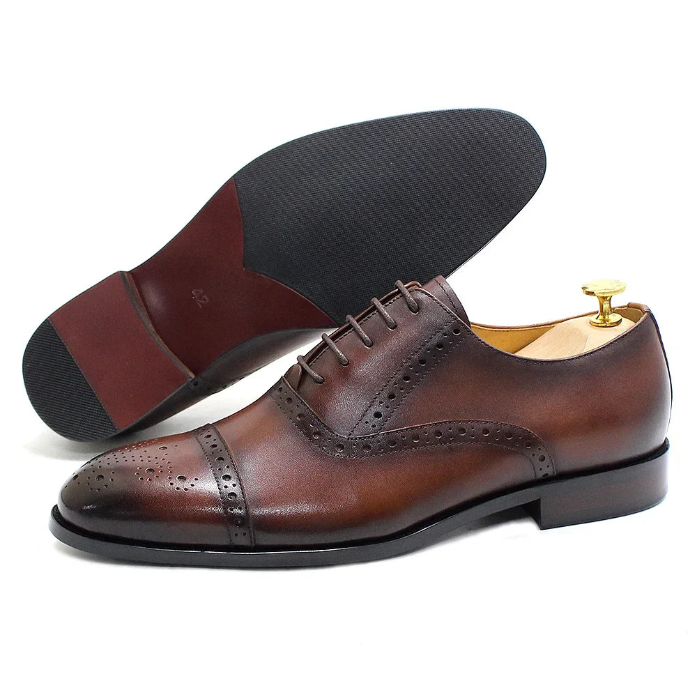 Luxury Genuine Leather Calfskin Cap Toe Oxfords Men's Dress Shoes Italian Style Lace-Up Wedding Business Formal Shoes for Men