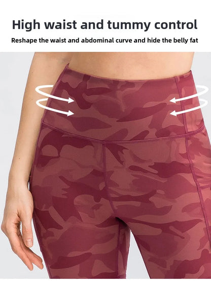 Women's printed nude yoga shorts with pockets skin-friendly tight stretch quick-drying sports fitness hiking running shorts