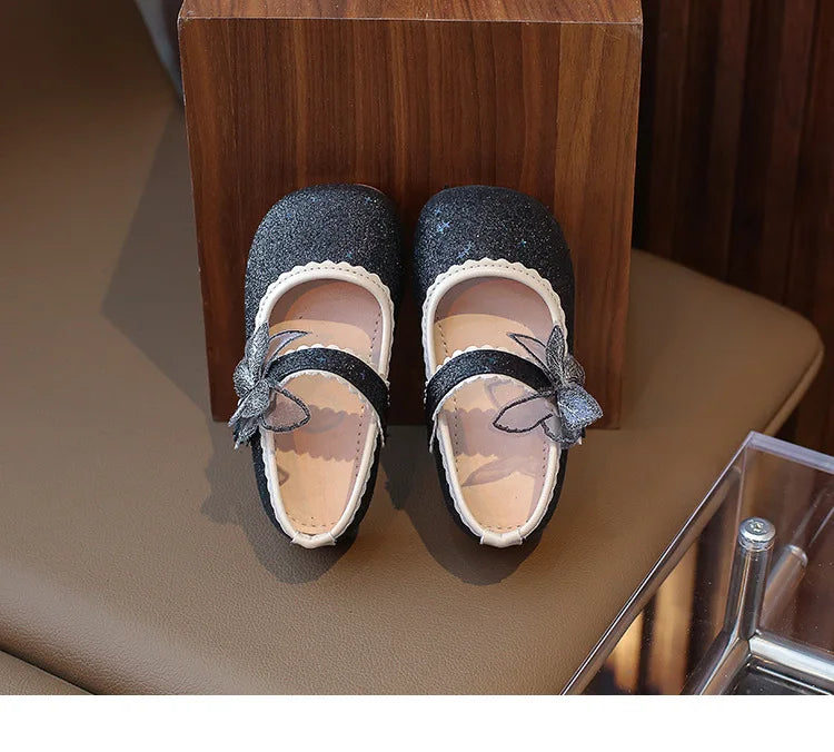New Girls Princess Shoes Fashion Children's Bow Rhinestone Sequin Kids Shoes Baby Party Student Flat Performance Shoes