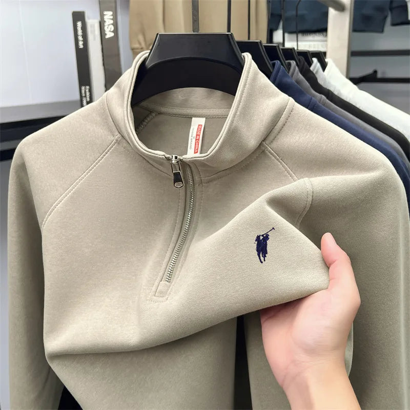 Half zip hoodie men's long sleeved t-shirt autumn plus size middle-aged and young embroidered pony logo collar polo shirt top