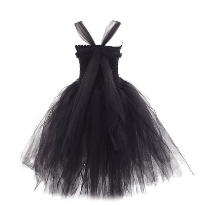 2-10Yrs Maleficent Girl Evil Queen Black Tutu Dress with Feather Scarf Halloween 2026 Villain Party Gothic Costume Gown Vestidos