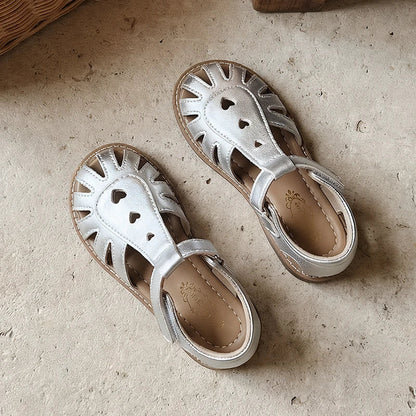 Summer Girl's Sandals Heart Hollow Out T-strap Versatile Kids Casual Shoes With Velcro Cover Toe Fashion Children Sandal 26-36
