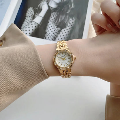 Women's Fashion Round Room Gold Steel Band Quartz Wristwatch Luxury Ladies Golden Watch for Women Clock Female Reloj