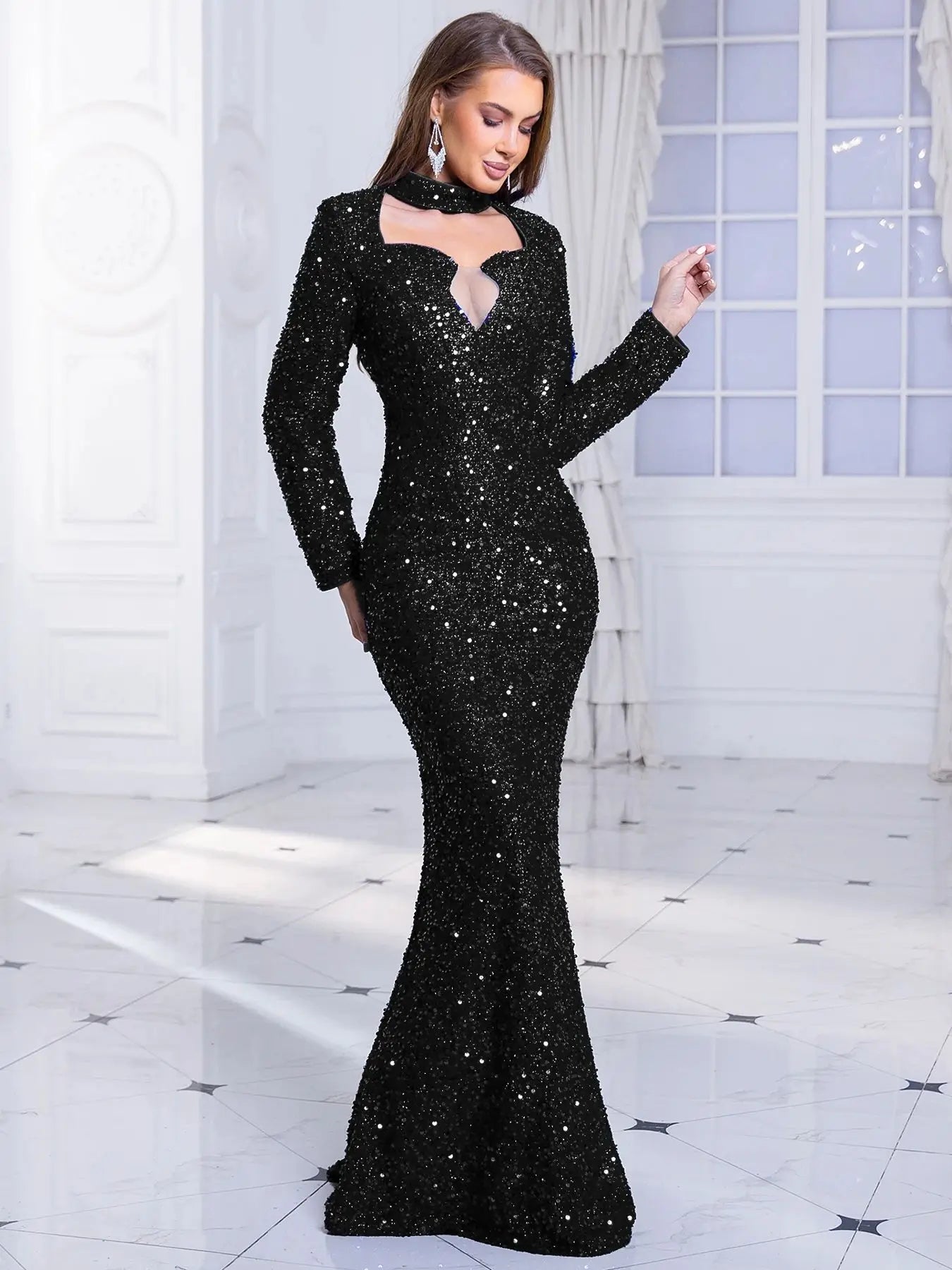 Blue Sequin Elegant Evening Party Dress O Neck Long Sleeves Wedding Party Gown Elegant Women Formal Dresses 2025