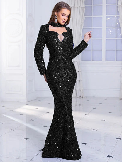 Blue Sequin Elegant Evening Party Dress O Neck Long Sleeves Wedding Party Gown Elegant Women Formal Dresses 2025