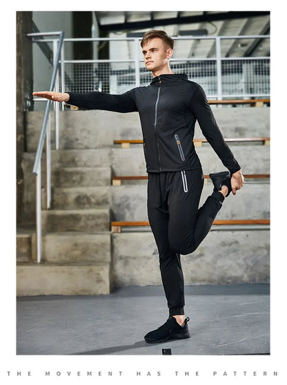 Running Jacket Hooded Jogging Tight Sportswear Quick Dry Men Reflective Training Set Gym Clothes Fitness Compression Sport Suit