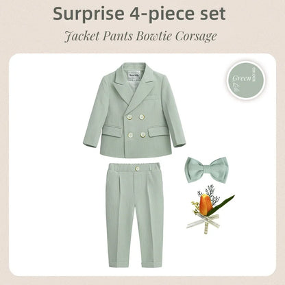 Smooth Tailored Weave Toddler Suit Set Jacket Pants Tie Kids Elegant Stage Tuxedo Young Musician Waist Adjustable 3-14 Yrs Suits
