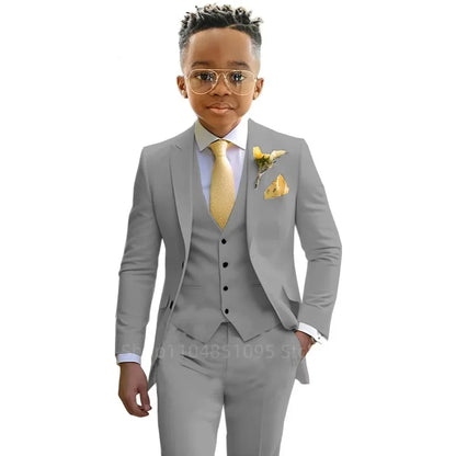 Stylish Boys Suit Wedding Tuxedo Solid Peak Lapel Jacket Vest Pants Party Prom 3 Piece Set Kids Formal Outfit 2-18 Years Old