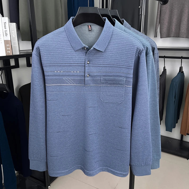High quality striped printed long sleeve polo shirt men's fashion light luxury pocket autumn new business casual lapel T-shirt