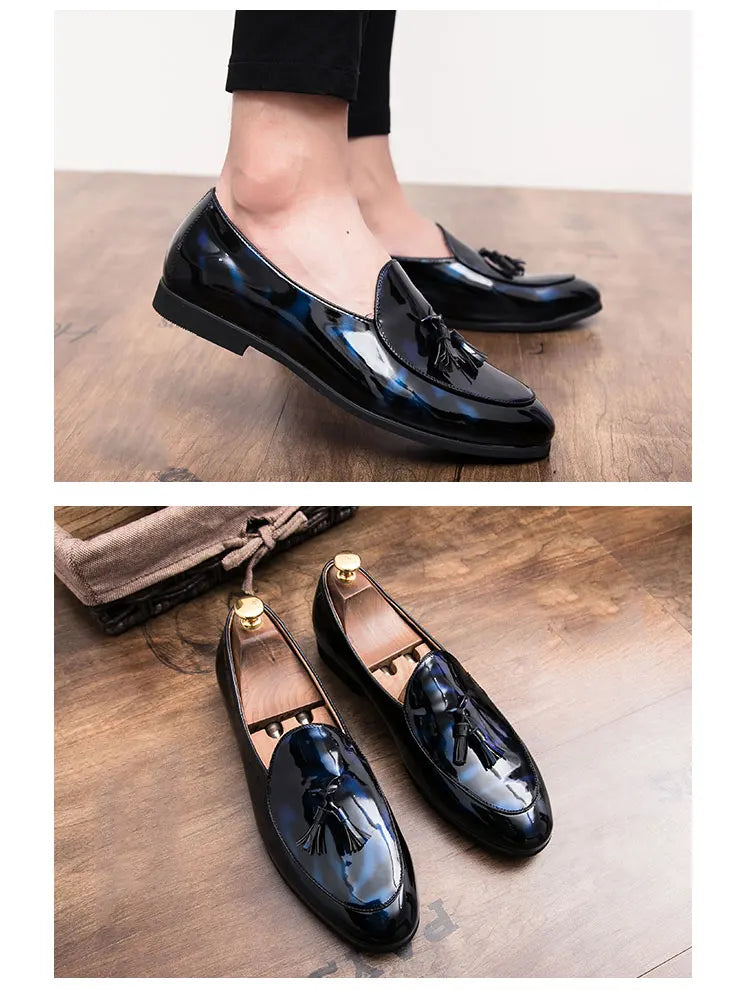Fashion Men Shoes Patent Leather 37-47 Size Boys Breathable Loafers Black Soft Outdoor Casual Summer Mules Dress Flats