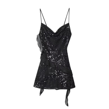 Sexy Chic Women Dress Solid Cami Backless Sequined Tierred Mini Short Dress Fashion 2025 Fall Evening Club Party Dress