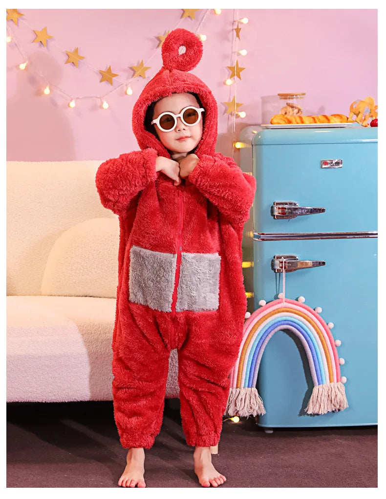 Adult Kids Teletubbies Costumes Soft Long Sleeves Piece Pajamas Costume Lala Home Clothes Cosplay Adult Unisex HomeWear