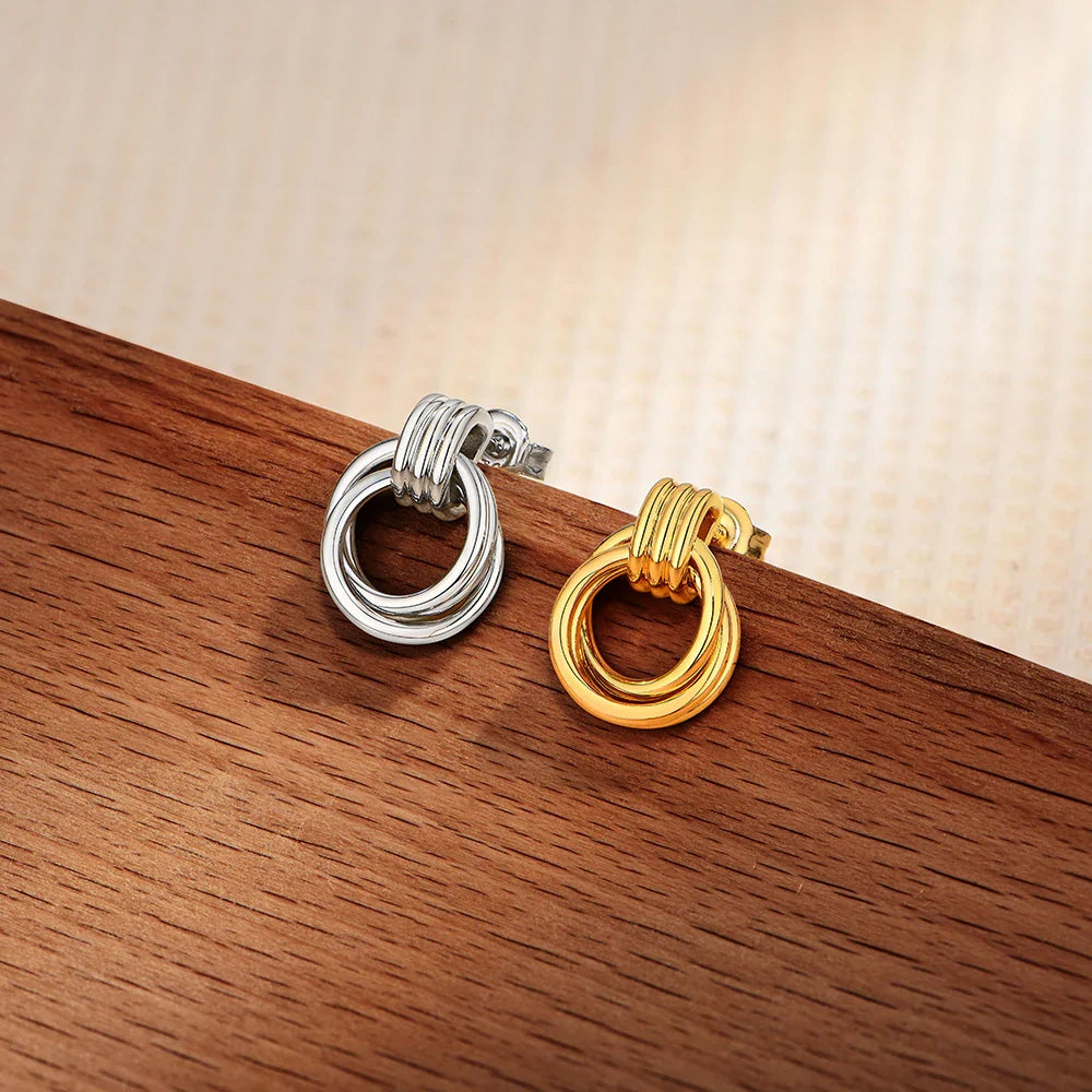 Vintage Double Hoop Design S925 Silver Earrings 18KGold Plated Steel Texture Geometric Stud Earring Women for Party