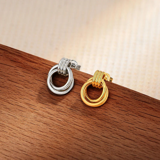Vintage Double Hoop Design S925 Silver Earrings 18KGold Plated Steel Texture Geometric Stud Earring Women for Party