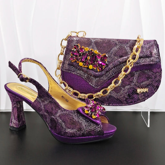 INS Purple Rhinestone-Embellished and Colorful Striped Design Party Wedding Peep Toe Bigger Size Ladies High Heels and Bag Set