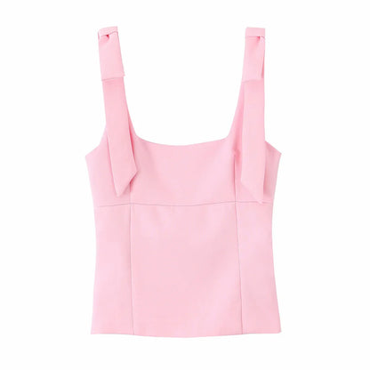 Sexy Chic Yellow Bow Tops Women Zipper Tie Up Slim Short Cami Tops Women Fashion 2025 Summer Elegant Y2K Girl Blouses