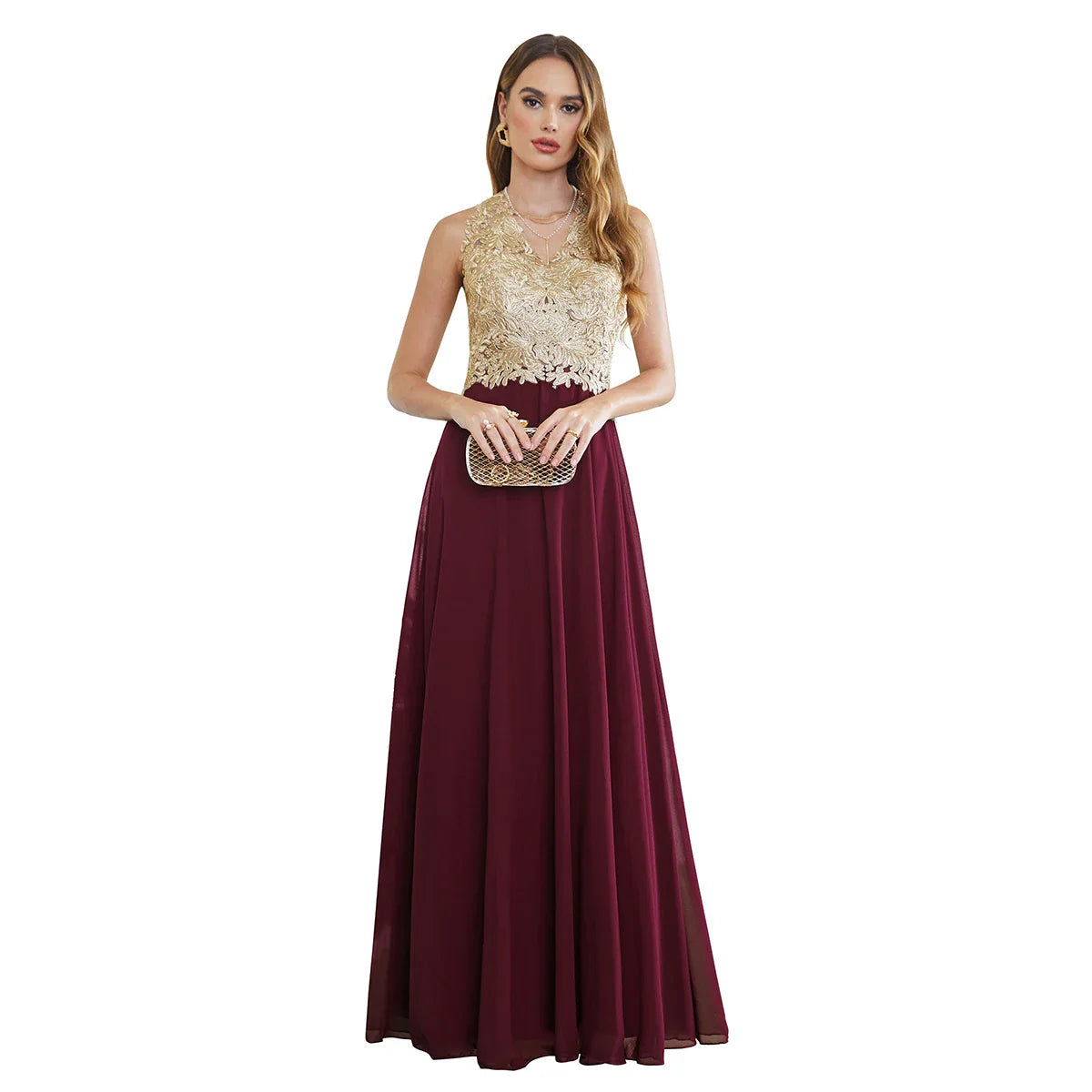 Elegant Long Prom Dresses Patchwork A-Line Evening Dress Chiffon Embroidery Appliques V-Neck Halter Illusion Back Party Gowns